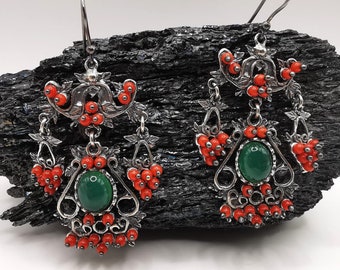 Dangling earrings, red coral earrings , red coral earrings , brunich silver earrings , italian jewels