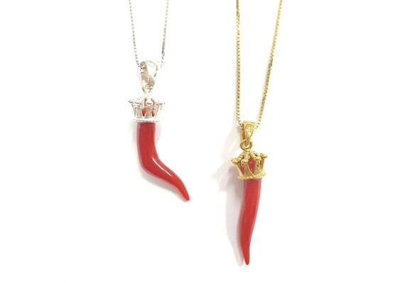 Red Coral Horn Coral Pendant red Coral corniciello Charm made in Italy Handmade Corniciello red Coral Corno Corniciello With Crown Etsy