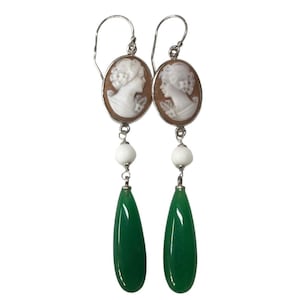 Cameo earrings, handcrafted cameo earrings  with green agate mounted on 925 Sterling Silver, dangling earrings with cameos,  italian cameo,
