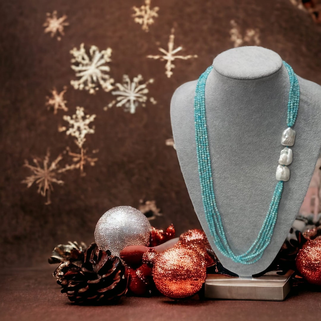 Collana Con Ciondolo In Amazzonite E Perle Keshi – Multicolore Naturale – Placcato Oro Giallo - Foto 6
