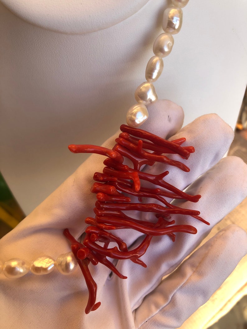 White Pearls Necklace With Red Coral , Pearls and Coral, Fresh Pearls