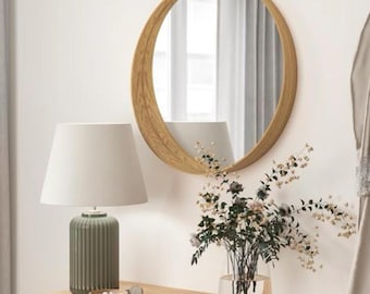 Espejo redondo chapado en roble – Espejo de pared de madera natural con estante – Decoración rústica moderna