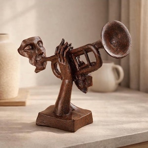 May include: A bronze-colored sculpture of a person playing a trumpet. The sculpture features a face, a hand holding the trumpet, and the trumpet itself. The sculpture is on a square base and is likely a decorative item.