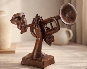 Modern Trumpet Player Figurine, Red Black Polyester Sculpture