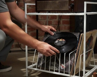 Soporte metálico para tocadiscos de estilo vintage: almacenamiento de discos de vinilo hecho a mano