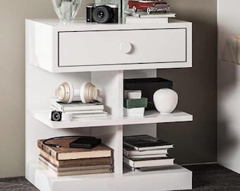 Minimalist White Nightstand with Drawer & Open Shelves – Modern Bedside Table