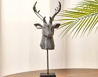Escultura de cabeza de ciervo plateada, decoración moderna y glamurosa para el hogar (28 cm)