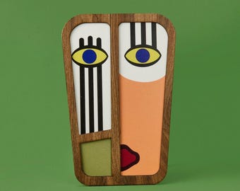 Decoración de pared de madera africana, rostro abstracto estilo Picasso, arte 3D moderno