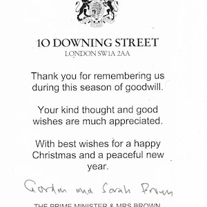 British Prime Minister Gordon Brown and Mrs Brown Signed 6 x 4&quot; 1/2 Inch Greetings Letter