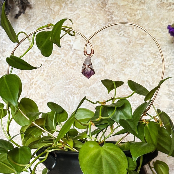 Wire Wrap Crystal and Copper Heart Plant Trellis