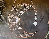 Handcrafted Copper Wire Wrap Moon Crystal Suncatcher with Rose Quartz Heart - Witchy Decor Boho Wall Hanging, Celestial Decor, Romantic Gift