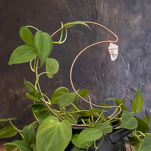 May include: A black cauldron planter with a copper wire moon sculpture and a clear quartz crystal. A green leafy plant is growing in the pot and trailing down the sides.