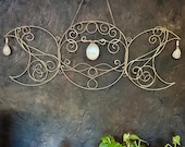 Handcrafted Hammered Copper Triple Moon Wall Art. Selenite and Clear Quartz Crystal Suncatcher. Spiritual Gift  for Witches, Pagans, Healers