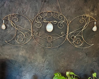 Handcrafted Hammered Copper Triple Moon Wall Art. Selenite and Clear Quartz Crystal Suncatcher. Spiritual Gift  for Witches, Pagans, Healers