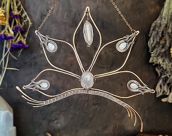 Lotus Flower Crystal Suncatcher with Teardrop Clear Quartz - Witchy Wall Decor, Boho Art, Meditation Decor, Magickally Handcrafted Gift