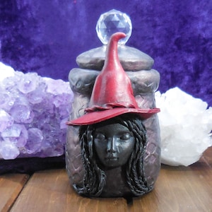 Witch Hat Apothecary Jar to Store Herbs and Incense, Scarlet Witchy Decor Decorative Jar for Altar Decor, Witchcraft Herb Supplies