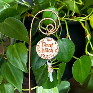 May include: A copper-colored plant stake with a circular charm that reads "Plant Witch" in a decorative font. The charm has a patterned design and a small, clear crystal is attached. The stake is placed in a green leafy plant.