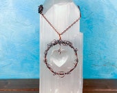 Crystal Prism Window Hanging, Copper Heart Rear View Mirror Accessory for Car, Wire Wrapped Heart Decor