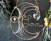 Wire Word Art Love Handcrafted Copper Moon Wall Hanging, Mystical Home Decor Witchy Accents, Rainbow Prism Home Decor, Boho Wall Art