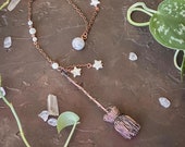 Handcrafted Moonstone and Mother-of-Pearl Copper Wire Witch Broomstick Pendulum - Spiritual Tool for Divination, Dowsing, and Energy Healing