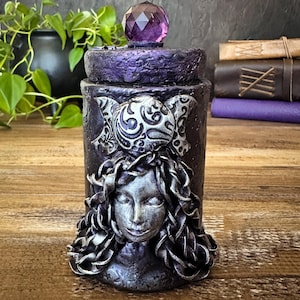 Triple Moon Dark Moon Goddess Apothecary Jar with Crystal Ball Lid - Handcrafted for Potions, Spells, Herbs, Witchy Home Decor & Witch Gift