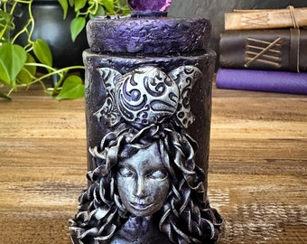Triple Moon Dark Moon Goddess Apothecary Jar with Crystal Ball Lid - Handcrafted for Potions, Spells, Herbs, Witchy Home Decor & Witch Gift