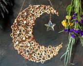 Handcrafted Copper Wire Crescent Moon Suncatcher with Faceted Rainbow Prism Star & Mother-of-Pearl Beads. Boho Decor, Spiritual Wall Hanging