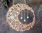Chaos Swirl Copper Wire Moon Crystal Suncatcher with Crackled Quartz, Mother-of-Pearl Beads, Shell Stars - Witchy Celestial Wall Decor