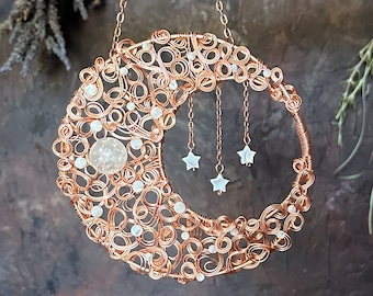 Chaos Swirl Copper Wire Moon Crystal Suncatcher with Crackled Quartz, Mother-of-Pearl Beads, Shell Stars - Witchy Celestial Wall Decor