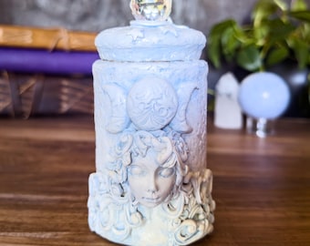 Full Moon Goddess Apothecary Jar with Crystal Ball Lid - Handcrafted for Spells, Potions, Herbs, Rituals, and Spiritual Decor. Witchy Gift