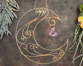 Amethyst Crystal Crescent Moon Wall Hanging, Handcrafted Copper Wire Wall Decor, Witchy Decor Crystal Suncatcher. Sacred Space, Unique Gift