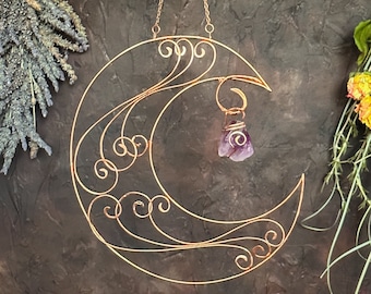 Amethyst Crystal Crescent Moon Wall Hanging, Handcrafted Copper Wire Wall Decor, Witchy Decor Crystal Suncatcher. Sacred Space, Unique Gift