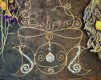 Believe Wire Art Triple Moon Aquamarine Crystal Suncatcher, Handcrafted Copper Wire Wall Decor, Affirmation Wall Hanging Spiritual Gift