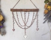 Handmade Rose Quartz Beaded Curtain | Pink Heart Romantic Wall Art, Crystal Window Hanging — Witchy Home Decor Gift