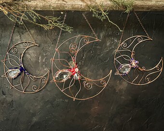 Lotus Flower Crescent Moon Suncatcher, Lunar Fantasy Home Decor, Celestial Boho Decor, Wire Moon Wall Hanging, Witchy Gifts