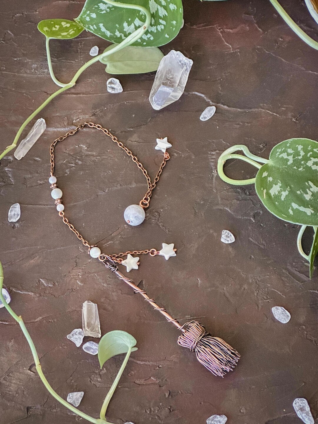 Handcrafted Moonstone and Mother-of-pearl Copper Wire Witch Broomstick ...