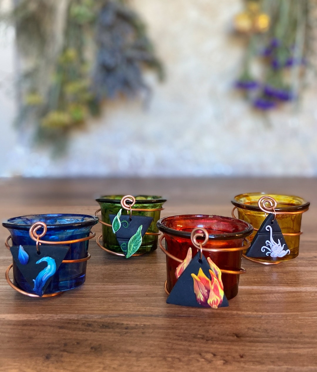 Elemental Candle Holder Set, Altar Candle Holders, Glass Votive Tea light Candleholders, Copper Wire Decor, Wiccan Gifts