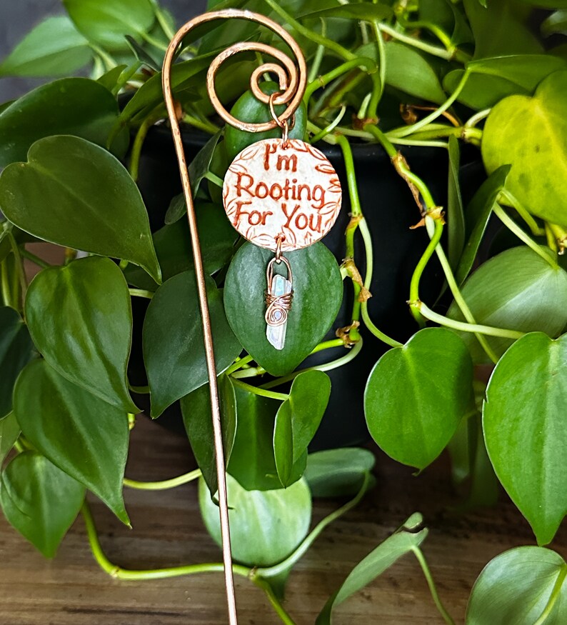 Puede incluir: Una estaca de planta de cobre con una etiqueta redonda de cer&aacute;mica blanca que dice "I'm Rooting For You". Un peque&ntilde;o cristal transparente est&aacute; unido a la estaca.