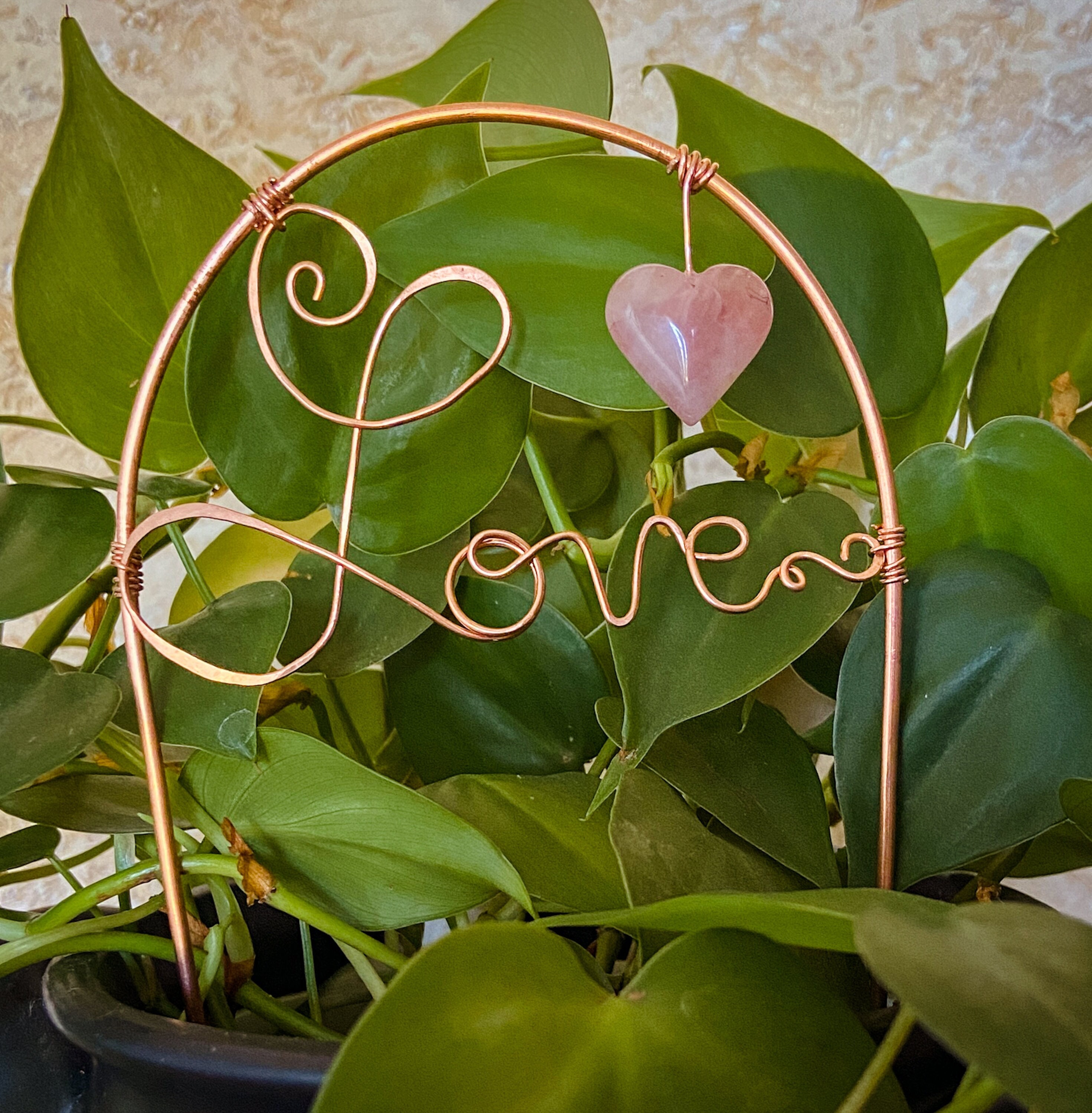 Rose Quartz Love Wire Word Art Plant Decor, Crystal Plant Stake, Metal Word Art Plant Accessory, Plant Lover Gift, Copper Plant Marker