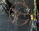 Magick Crescent Moon Wire Word Art Wall Hanging, Copper Wire-Wrap Moon and Star Wall Decor, Witchy Decor Boho Suncatcher for Mystical Home