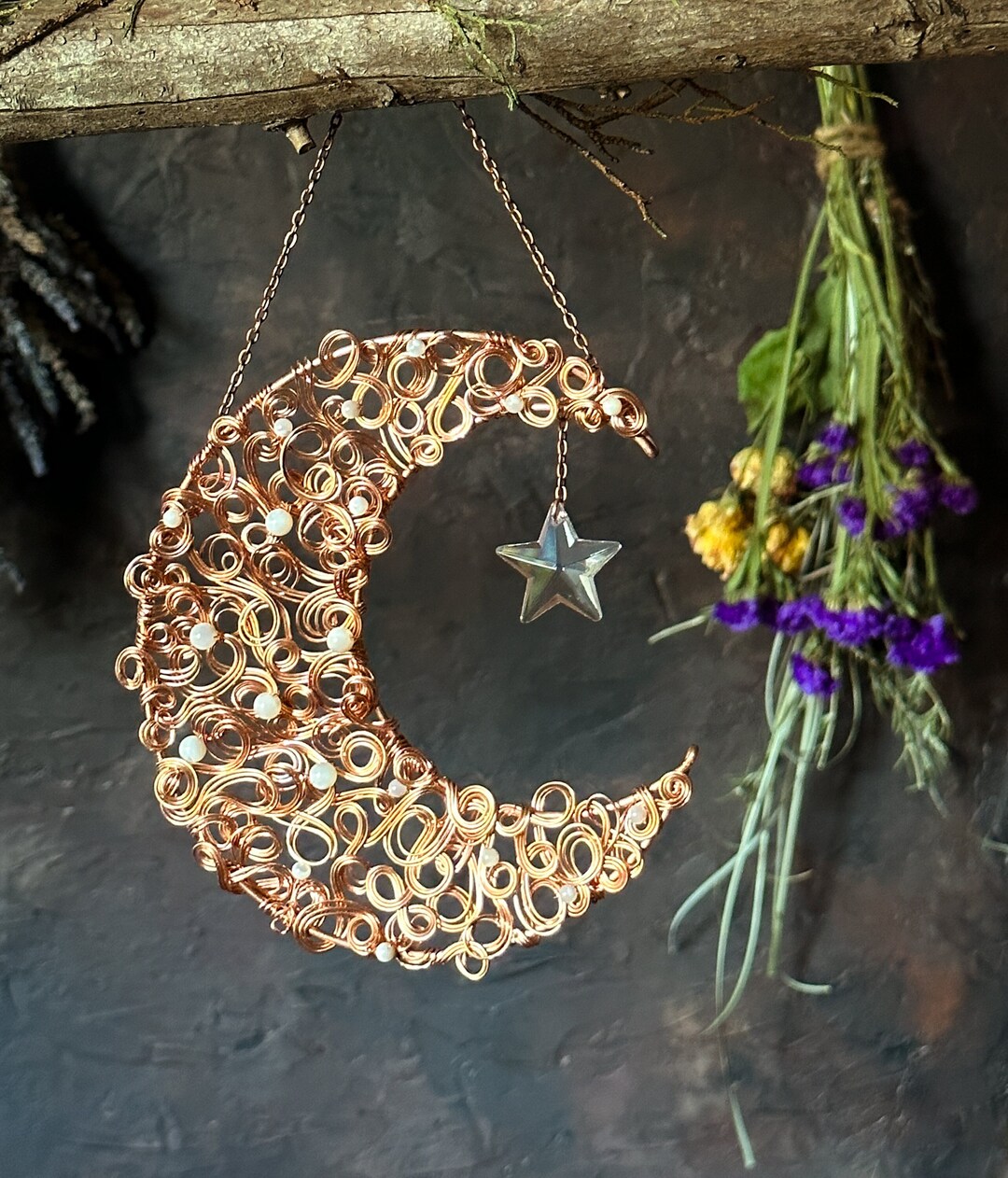 Swirl Wire Moon Wall Hanging With Star Prism and Mother of Pearl Beads ...