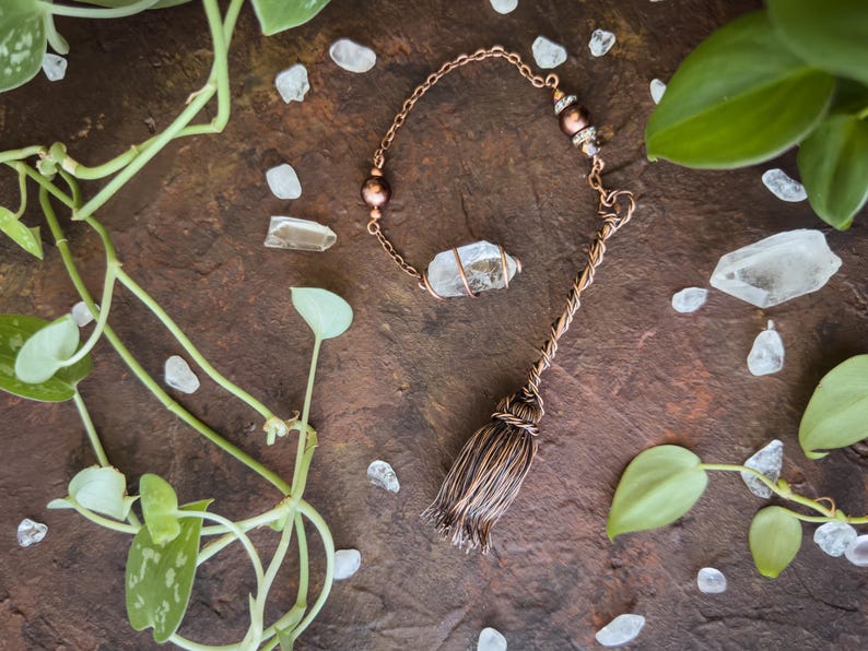 Handcrafted Copper Wire Witch Broomstick Pendulum with Clear Quartz Crystal - Spiritual Tool for Divination, Dowsing, and Energy Healing image 1