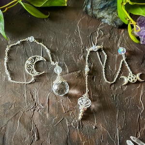 Silver Moon Crystal Ball Pendulums - Faceted Prism Witchcraft Pendulum, Divination Tools Make Great Witchy Gifts & Witch Decor for Intuition