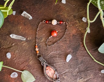 Spiritually Empowered Handcrafted Pendulum of Copper Wire Wrapped Red Agate for Divination, Magick, Healing, Aura Cleansing and Chakra Work.