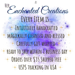 Puede incluir: Un fondo de acuarela morado y azul con texto blanco que dice "HER AT Enchanted Creations EVERY ITEM IS... INTUITIVELY HANDCRAFTED MAGICKALLY CLEANSED AND BLESSED CAREFULLY GIFT WRAPPED READY TO SHIP WITHIN 1 BUSINESS DAY ORDERS OVER $35 SHIPPED FREE + USPS TRACKING IN USA +"
