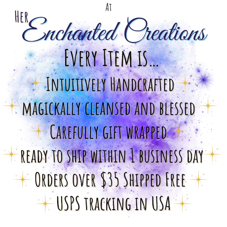 Puede incluir: Un fondo de acuarela morado y azul con texto blanco que dice "HER AT Enchanted Creations EVERY ITEM IS... INTUITIVELY HANDCRAFTED MAGICKALLY CLEANSED AND BLESSED CAREFULLY GIFT WRAPPED READY TO SHIP WITHIN 1 BUSINESS DAY ORDERS OVER $35 SHIPPED FREE + USPS TRACKING IN USA +"