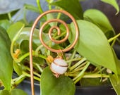 Hammered Copper Plant Stake | Moonstone Charm Houseplant Decor — Crystal Gift for Gardeners
