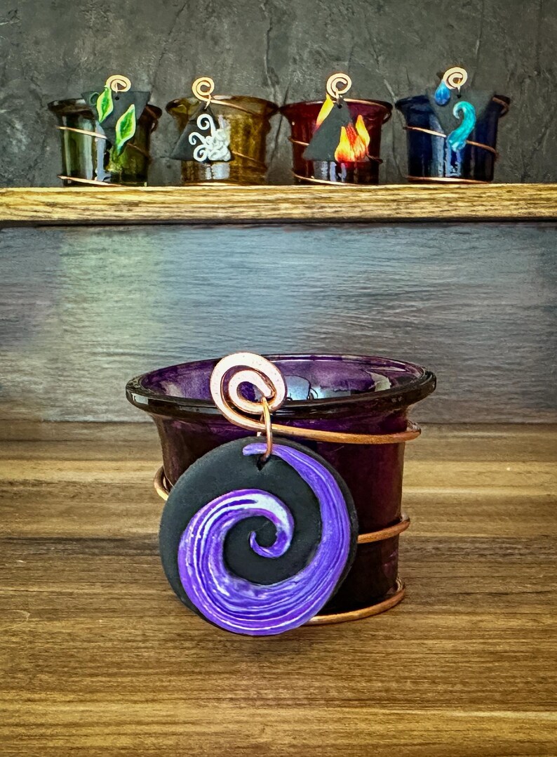Elemental Candle Holder Set, Altar Candle Holders, Glass Votive Tea light Candleholders, Copper Wire Decor, Wiccan Gifts Elements +Spirit (5)