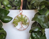 Peridot Tree of Life Copper Wire Plant Stake | Yellow Green Crystal Houseplant Decor for Plant Lovers — Handcrafted Gift