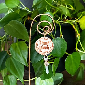 May include: A copper plant stake featuring a spiral top and a circular copper pendant stamped with the text Plant Witch. The pendant is surrounded by a leaf pattern and hangs from the spiral, with a clear crystal point attached below it.